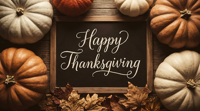 Happy Thanksgiving chalkboard sign with pumpkins and autumn leaves on rustic wooden background