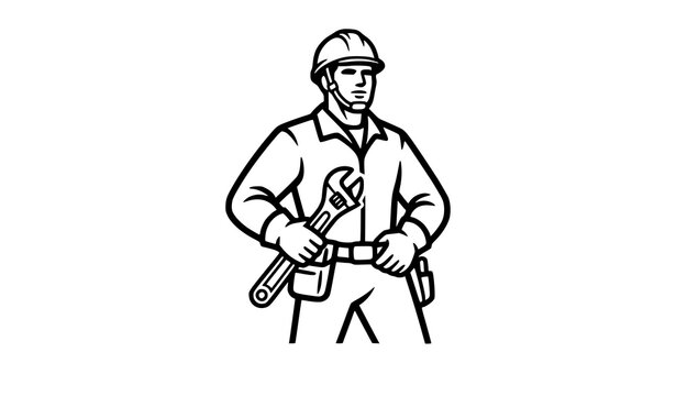 Professional Industrial Mechanic Holding Large Adjustable Wrench Line Art Vector Illustration