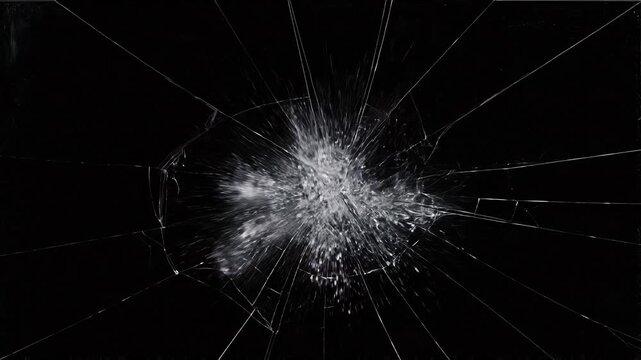 Shattered glass breaking apart on an isolated black background, dramatic impact effect for advertising and creative design