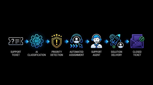 Automated customer support workflow infographic featuring artificial intelligence processing steps for efficient ticket management operations