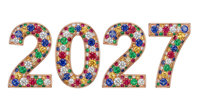 Year 2027 numbers crafted from gold and colorful gemstones including rubies and diamonds isolated on transparent background for luxury celebration