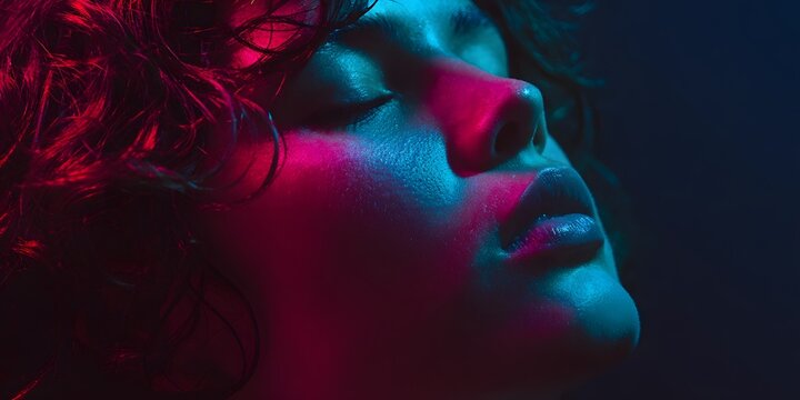 A young womans profile is illuminated by striking red and blue stage lights with her eyes closed.