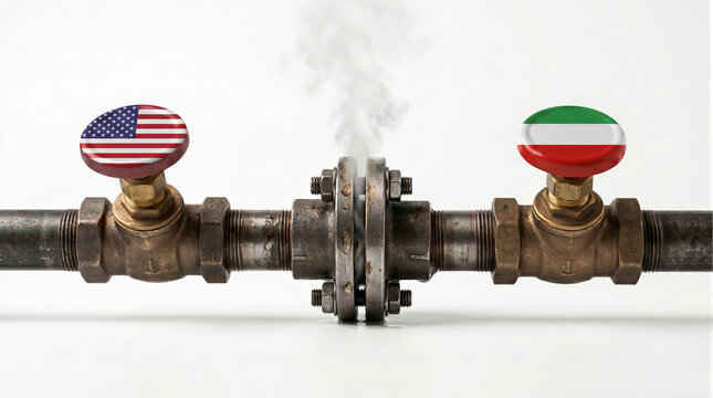 gas pipeline with usa and iran flag valves leaking steam, energy crisis, oil sanctions and middle east geopolitical confrontation concept on white background