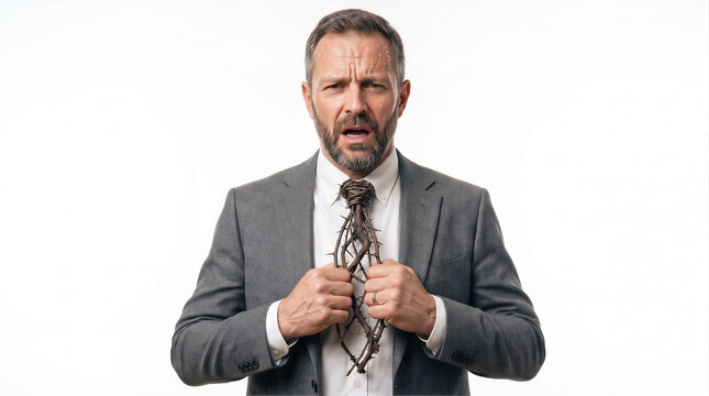 business man in suit choking on a tie made of thorny branches, corporate pressure, burnout, stress and mental health concept on white background