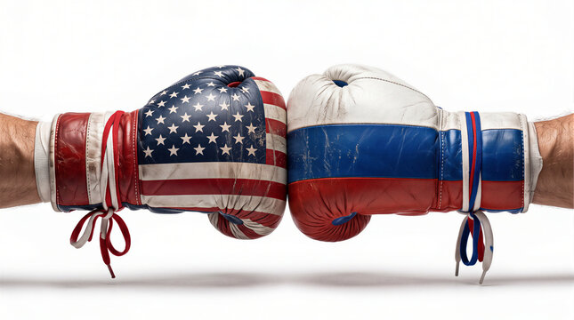Two boxing gloves with USA and Russia flags clashing, cold war, military confrontation and geopolitical rivalry concept on white background