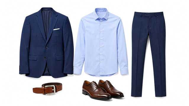 Set of men formal business suit with blazer shirt trousers leather shoes and belt isolated on white background.