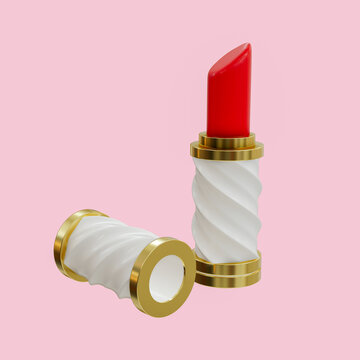 3D render of a luxurious red lipstick with a white twisted spiral pattern body and gold metallic accents, isolated on a pastel pink background