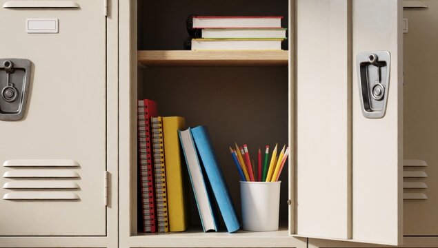 Beige-colored locker doors open inside there wooden shelf several books folders neatly arranged left side red