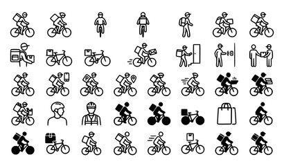 Naklejka premium Bike Delivery Man Icon Set Line Style Courier Cyclist Package Bicycle Service Vector Illustration Collection