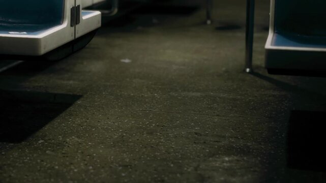 The floor of a subway train shows worn tiles and a few small items. Empty seats are visible, indicating few passengers during the late evening ride.