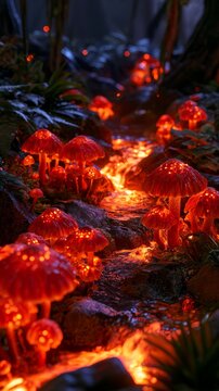 Glowing orange mushrooms illuminating dark green grass at night