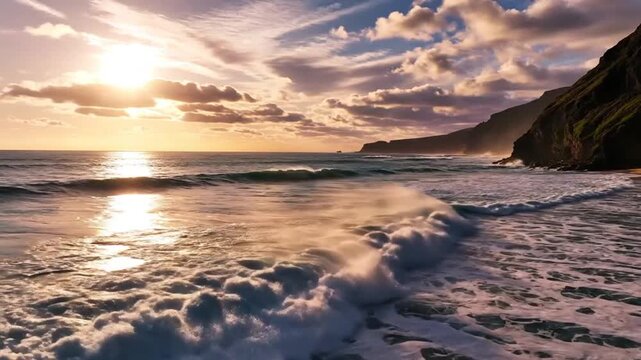 Sunset Serenity on Coastal Shore: Golden hour sunlight kisses the ocean waves as they gently break upon a rugged, verdant coastline, painting the sky with dramatic clouds and casting a warm.