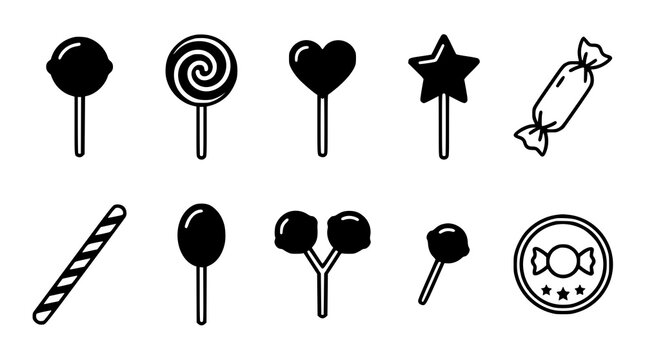 Lollipop Candy Sucker Sweet Caramel Confectionery and Dessert Black White Vector Icon Set