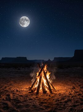 Campfire Burning in a Vast Desert Landscape Under a Bright Full Moon and Starry Night Sky