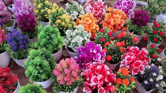 Colorful Artificial Flowers and Decorative Plants in Small Pots