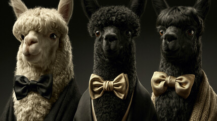 Naklejka premium Three anthropomorphic alpacas wearing elegant tuxedos and bow ties against dark