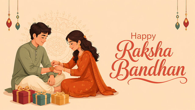 Vector art showing loving sister tying rakhi on brother wrist with colorful gifts celebrating the lovely happy raksha bandhan and shravan purnima
