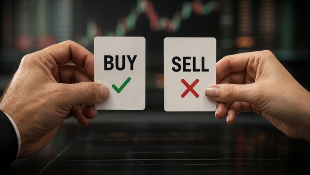 hands holding decision cards with buy and sell text, green check and red cross before a trading chart, illustrating investment choice, market strategy, decision making, risk and trade direction