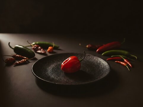 A red chili pepper on a black plate prepared for a hot pepper challenge and spicy food taste test activity.