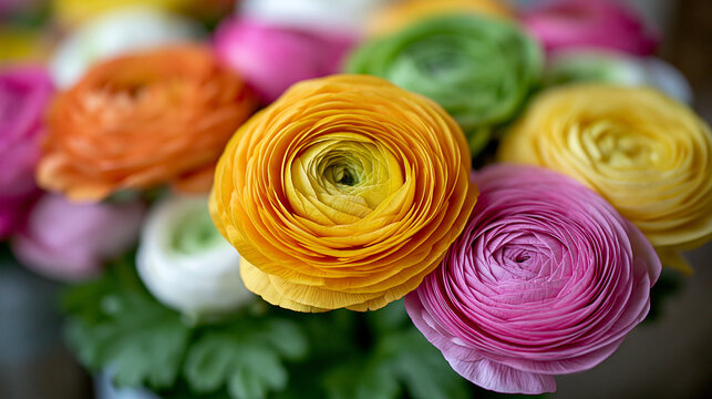 Colorful bouquet of persian buttercup flowers blooming indoors with ranunculus
