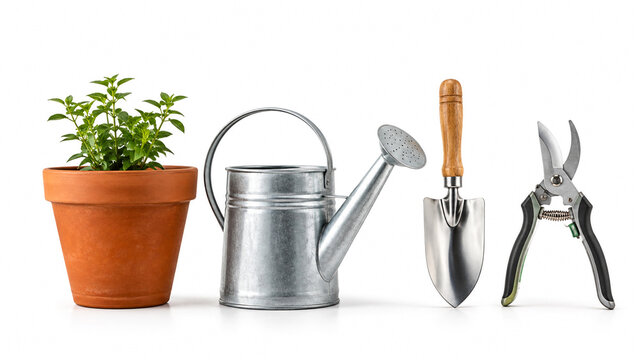 Set of gardening tools including potted plant watering can trowel and secateurs isolated on white background.