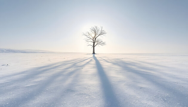 A wide professional winter landscape photography shot of a single bare dark tree trunk