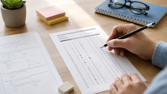 Student filling out multiple choice answer sheet during exam.