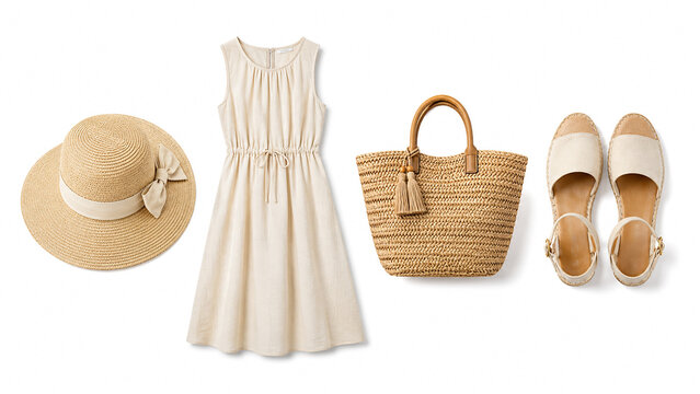 Set of summer women fashion accessories including straw hat beige dress woven handbag and sandals isolated on white background.