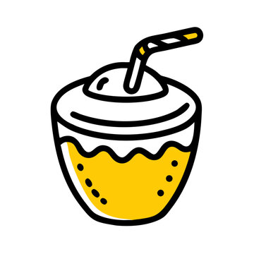 Yellow beverage in cup with straw and frothy top on checkered.