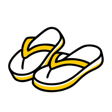 Pair of yellow and black flip flops on checkered background.