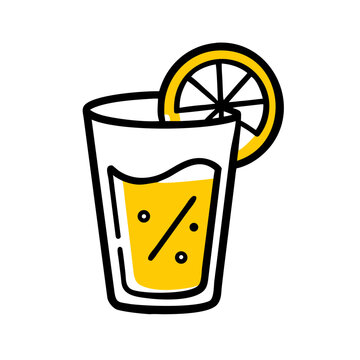 Refreshing summer drink in glass with lemon slice and bubbles.