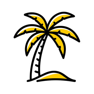 Tropical palm tree with green fronds on small sandy mound.
