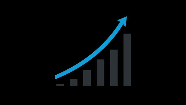 3D glowing blue business growth arrow rising on dark background with bar chart increase trend