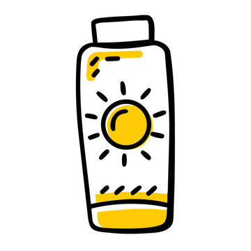 Sunscreen bottle icon with sun logo in doodle style for summer skin.