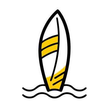 Surfboard in ocean water sketch icon for surfing and summer activity.