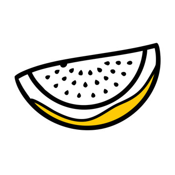 Watermelon slice vector graphic with yellow rind and black outlines.
