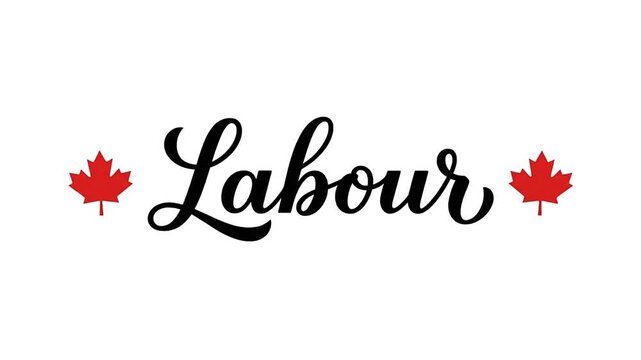 Animated Black Calligraphy Text Labour with Red Leaves Appearing on White Background