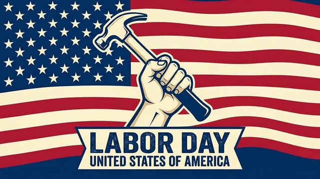 Labor day animated background with raised hammer and flag