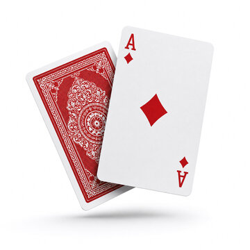 Ace of diamonds playing card with red pattern card back isolated on white background.