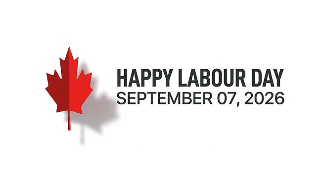 Happy Labour Day message with flipping red leaf animation on white background