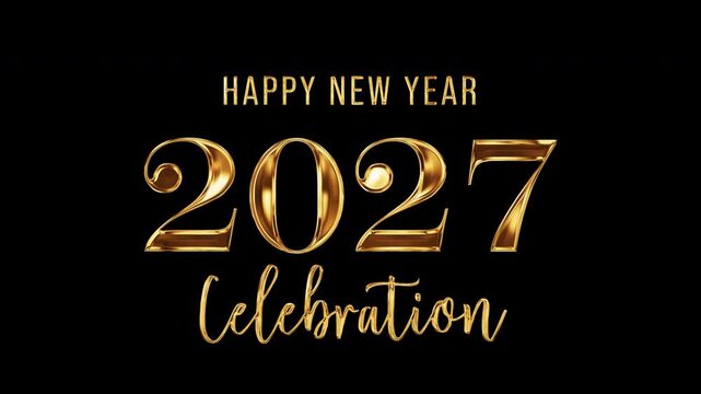 Happy New Year 2027 Celebration  golden text shine light effect animation on black abstract background. Includes isolated alpha channel for transparent compositing. Exported in Apple ProRes 4444