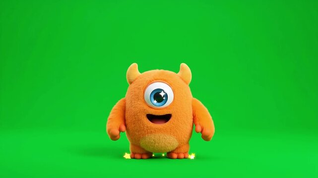 Cute 3D rendered fuzzy orange one eyed monster jumping excitedly on green screen chroma key background.