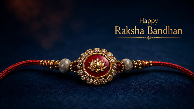 Beautiful golden lotus designed rakhi lying horizontally over smooth dark blue fabric background area celebrating lovely festive happy raksha bandhan shravan purnima