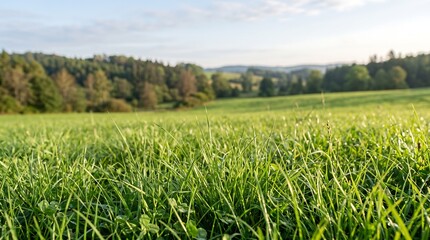 Fototapeta premium Lush green meadow with dew drops on grass and clover in the foreground, rolling hills and forest in the background under a clear sky.