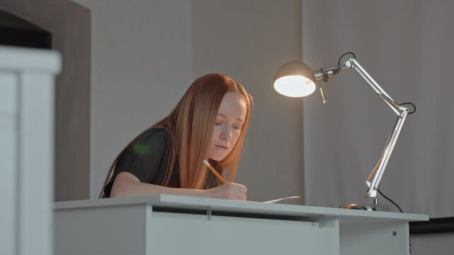 Young woman with long hair writes at white desk. Woman holds and uses orange pencil focusing on her work. Scene shows consistent writing activity without significant movement