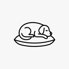 Minimalist black and white line art illustration of a small dog curled up and sleeping peacefully on a comfortable cushion or pet bed, isolated on a white background vector.
