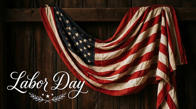 Labor day greeting with an american flag draped over a rustic dark wooden wall background