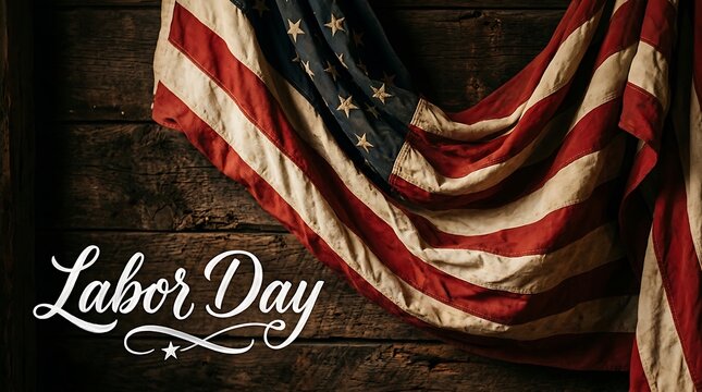 A rustic labor day background featuring a draped american flag against a dark textured wooden wall