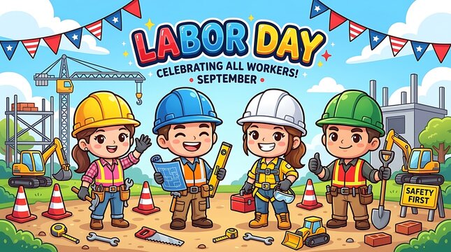 Happy labor day celebration featuring a group of diverse construction workers standing together at a building site