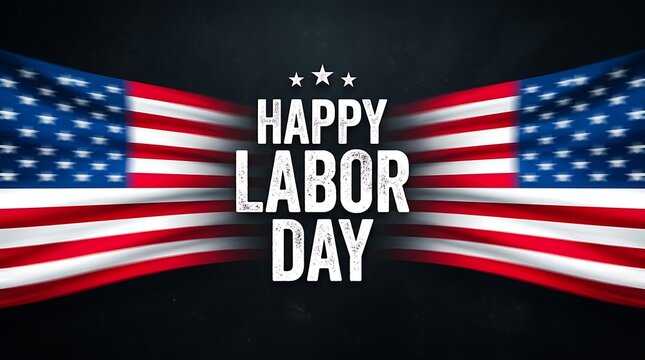 Happy labor day greeting card design with waving american flags on a dark background for national holiday